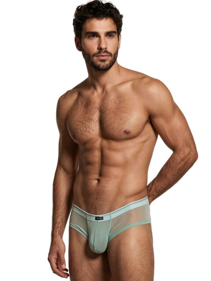 Xtremen light green bikini brief made of semi-sheer mesh fabric with a slim elastic waistband and center logo tag.