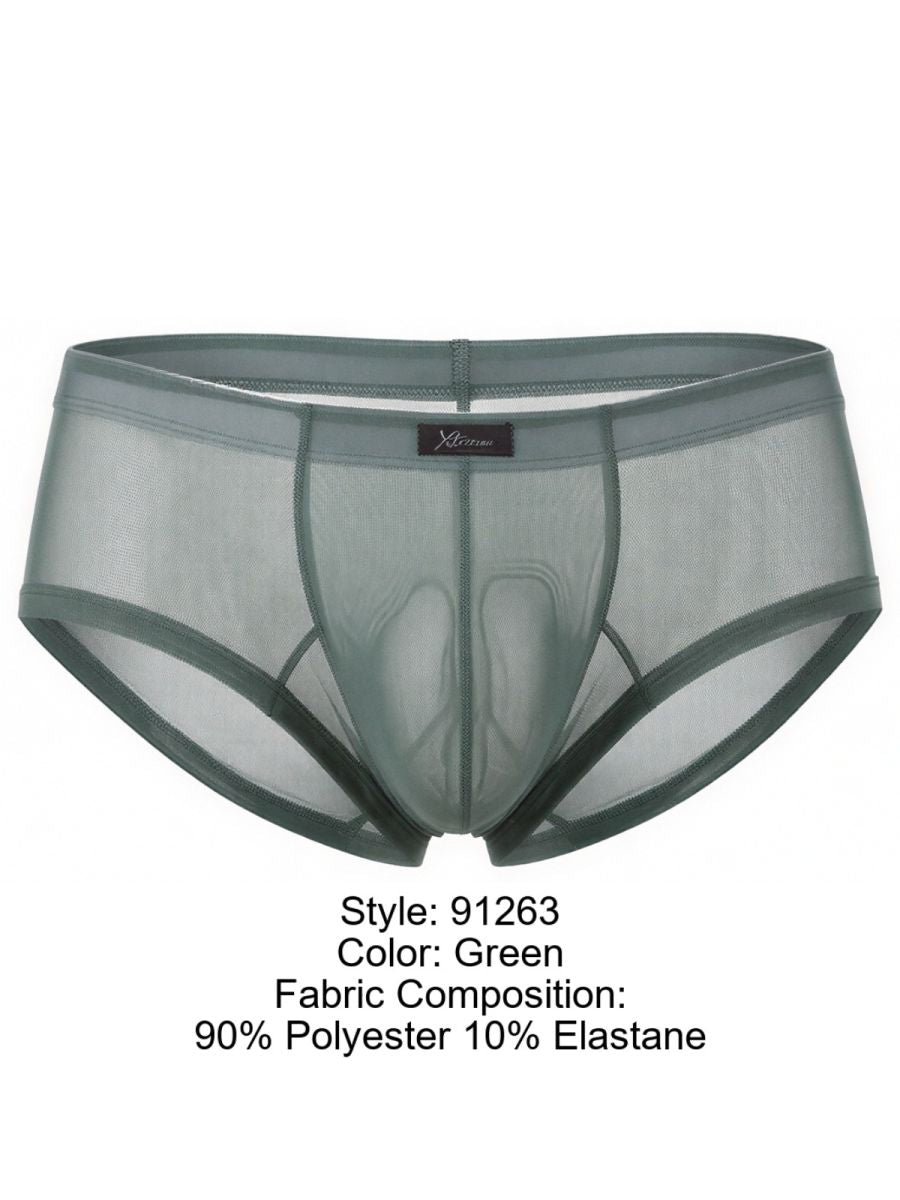 Xtremen men's green brief in sheer, translucent mesh fabric with a contoured pouch and branded logo tab.