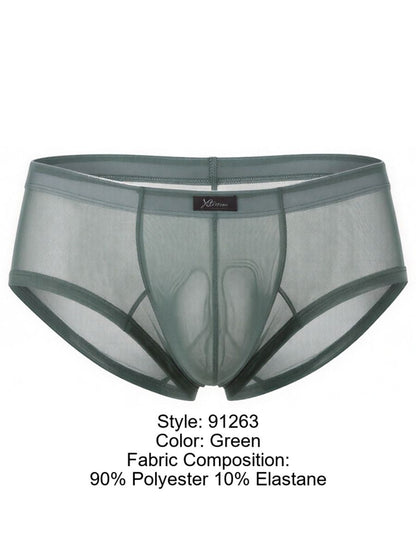 Xtremen men's green brief in sheer, translucent mesh fabric with a contoured pouch and branded logo tab.