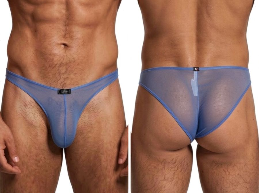 Xtremen blue sheer mesh bikini briefs with a low-rise fit, shown from front and back views.