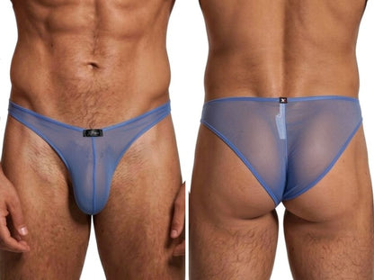 Xtremen blue sheer mesh bikini briefs with a low-rise fit, shown from front and back views.