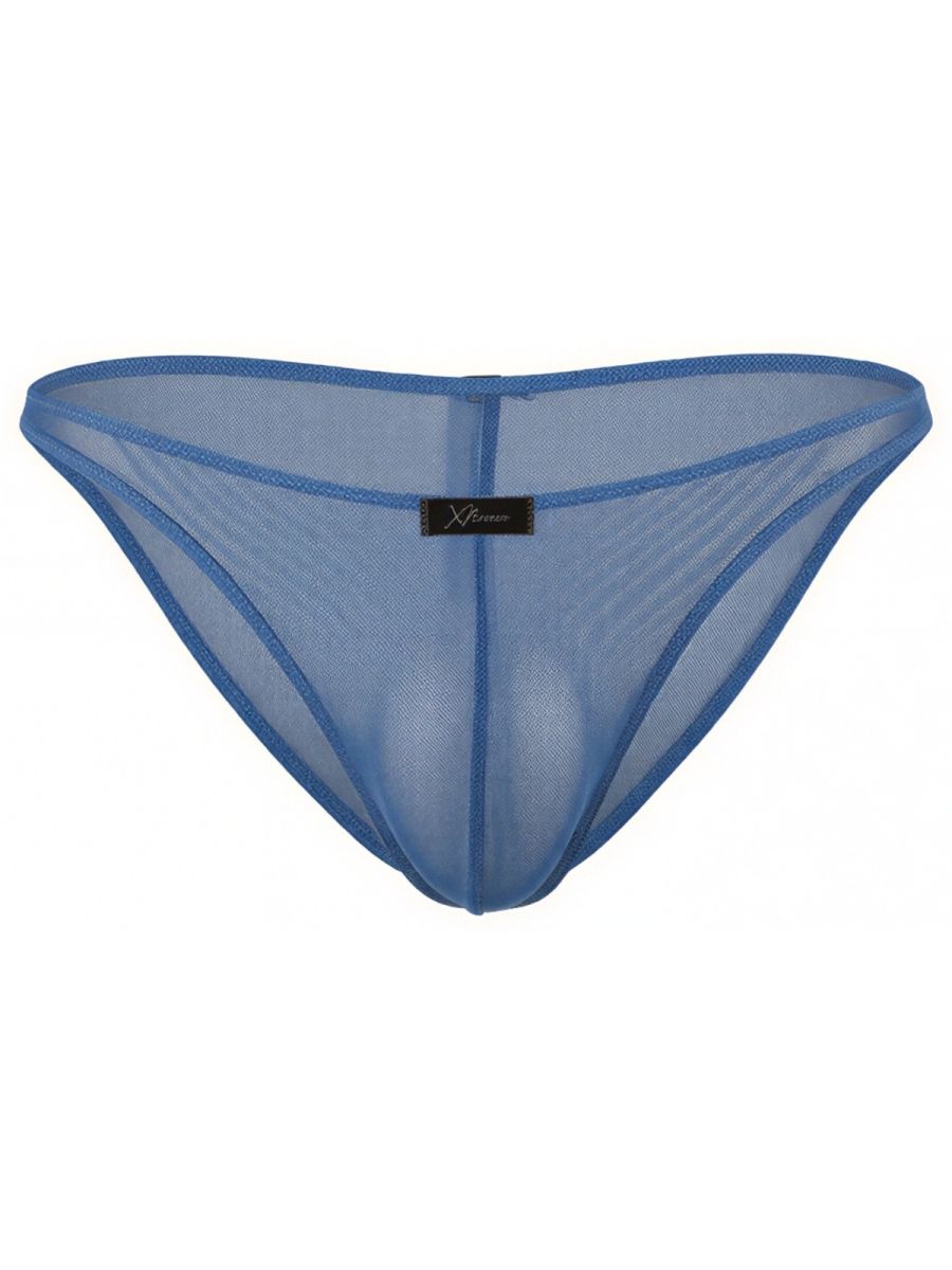 Xtremen blue sheer mesh bikini brief with a center seam and brand logo tag.