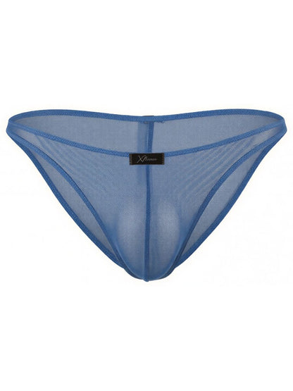 Xtremen blue sheer mesh bikini brief with a center seam and brand logo tag.