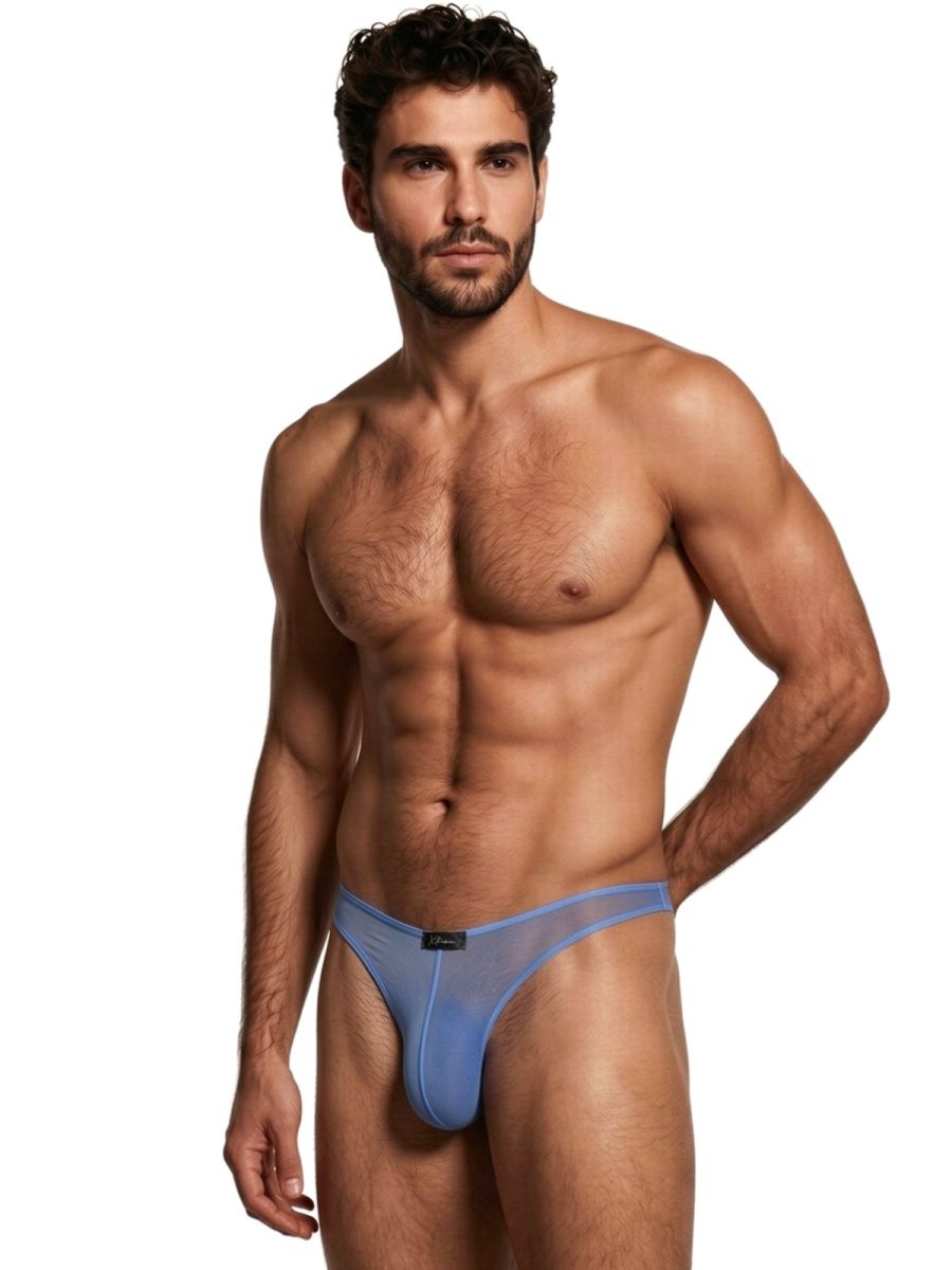 Xtremen light blue sheer mesh thong for men with a center logo patch and slim, form-fitting design.