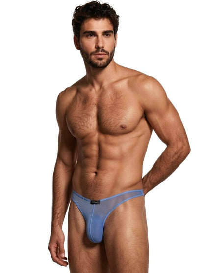 Xtremen light blue sheer mesh thong for men with a center logo patch and slim, form-fitting design.
