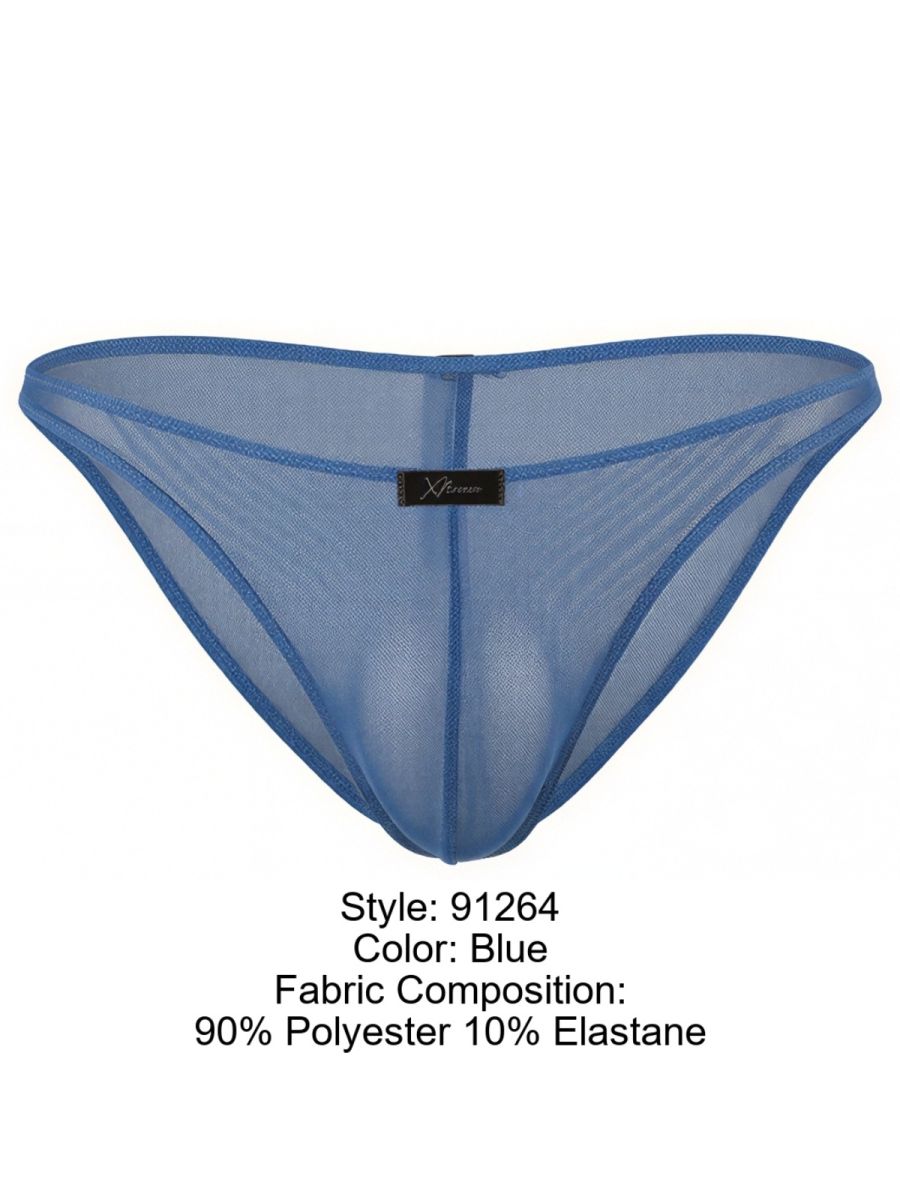 Xtremen blue sheer mesh bikini briefs with a center-front logo tag and a contour pouch fit.