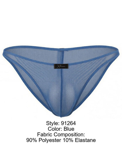 Xtremen blue sheer mesh bikini briefs with a center-front logo tag and a contour pouch fit.
