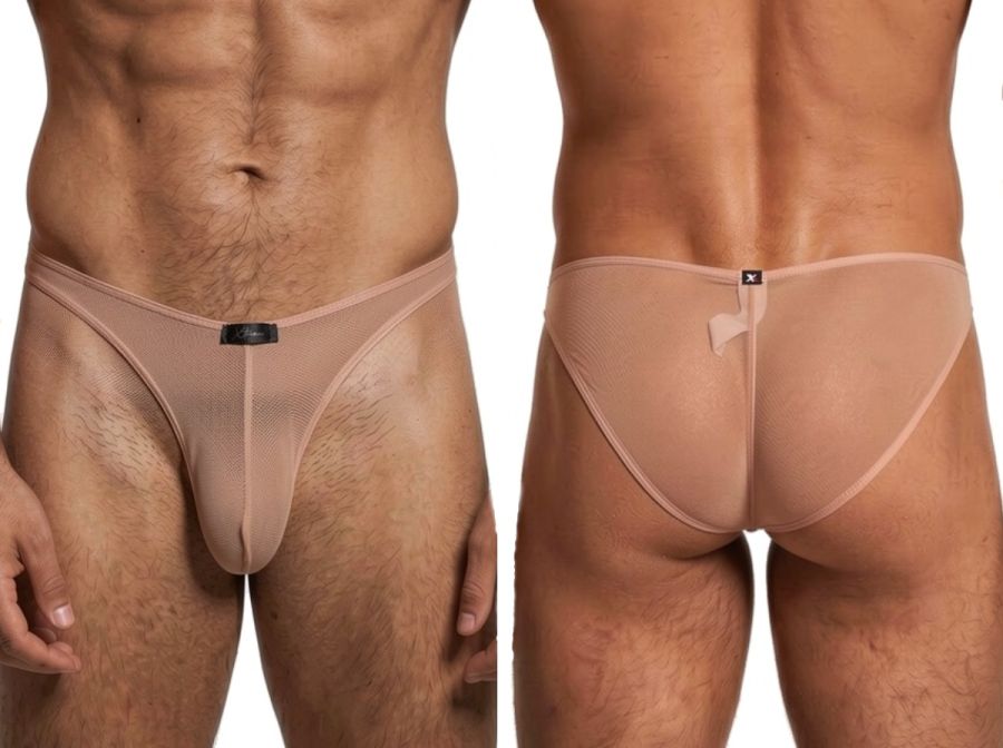 Xtremen nude bikini brief in sheer, mesh fabric with a slim fit and branded center waistband tag. Front and back view.