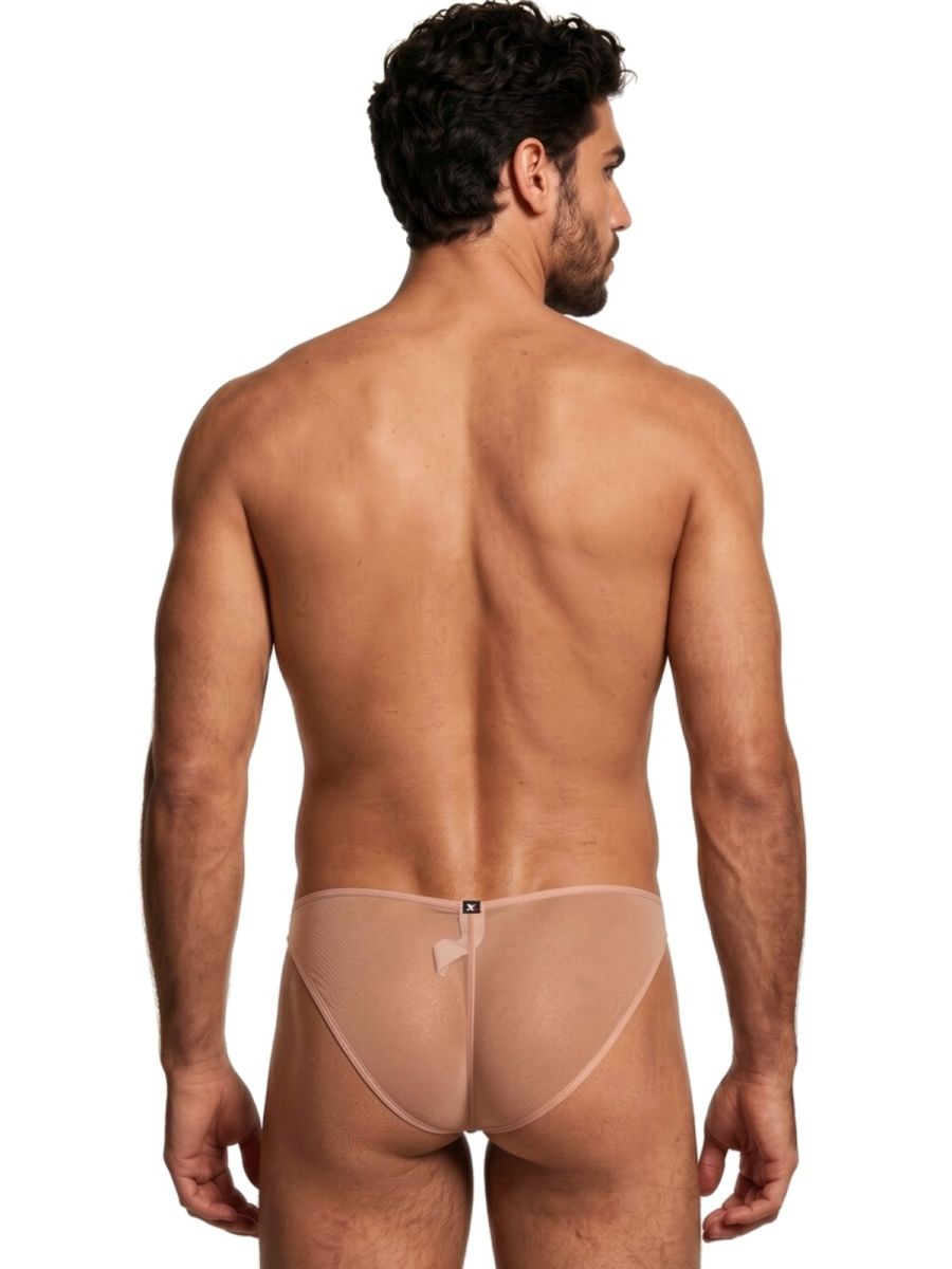 Xtremen beige sheer mesh bikini brief on a man, viewed from the back. Features a slim fit and a branded rear tag.