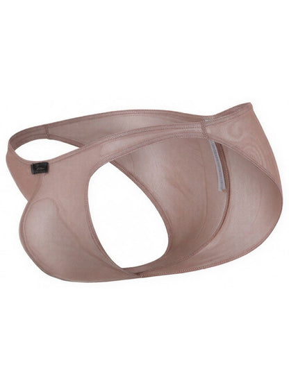 Xtremen beige thong in a sheer, shimmering mesh fabric with a cutout design and branded side tab.