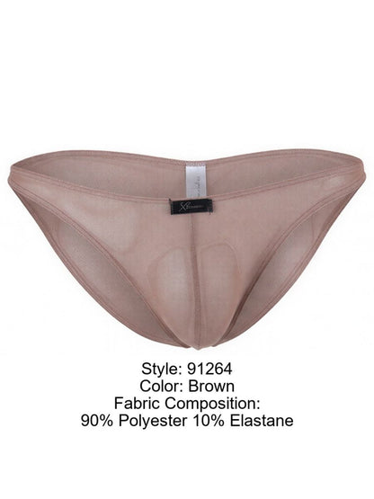 Xtremen brown sheer bikini brief with a contoured pouch and center brand tag.