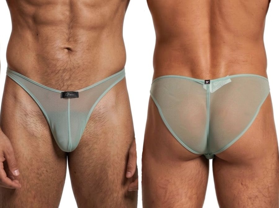 Xtremen sage green sheer mesh bikini brief with a form-fitting cut and branded front label. Front and back view.