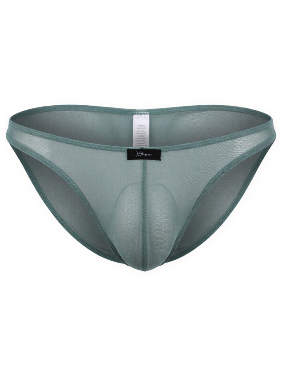 Xtremen sage green sheer mesh bikini brief with a contoured pouch and center seam detail.