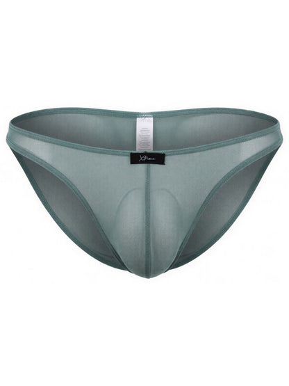 Xtremen sage green sheer mesh bikini brief with a contoured pouch and center seam detail.