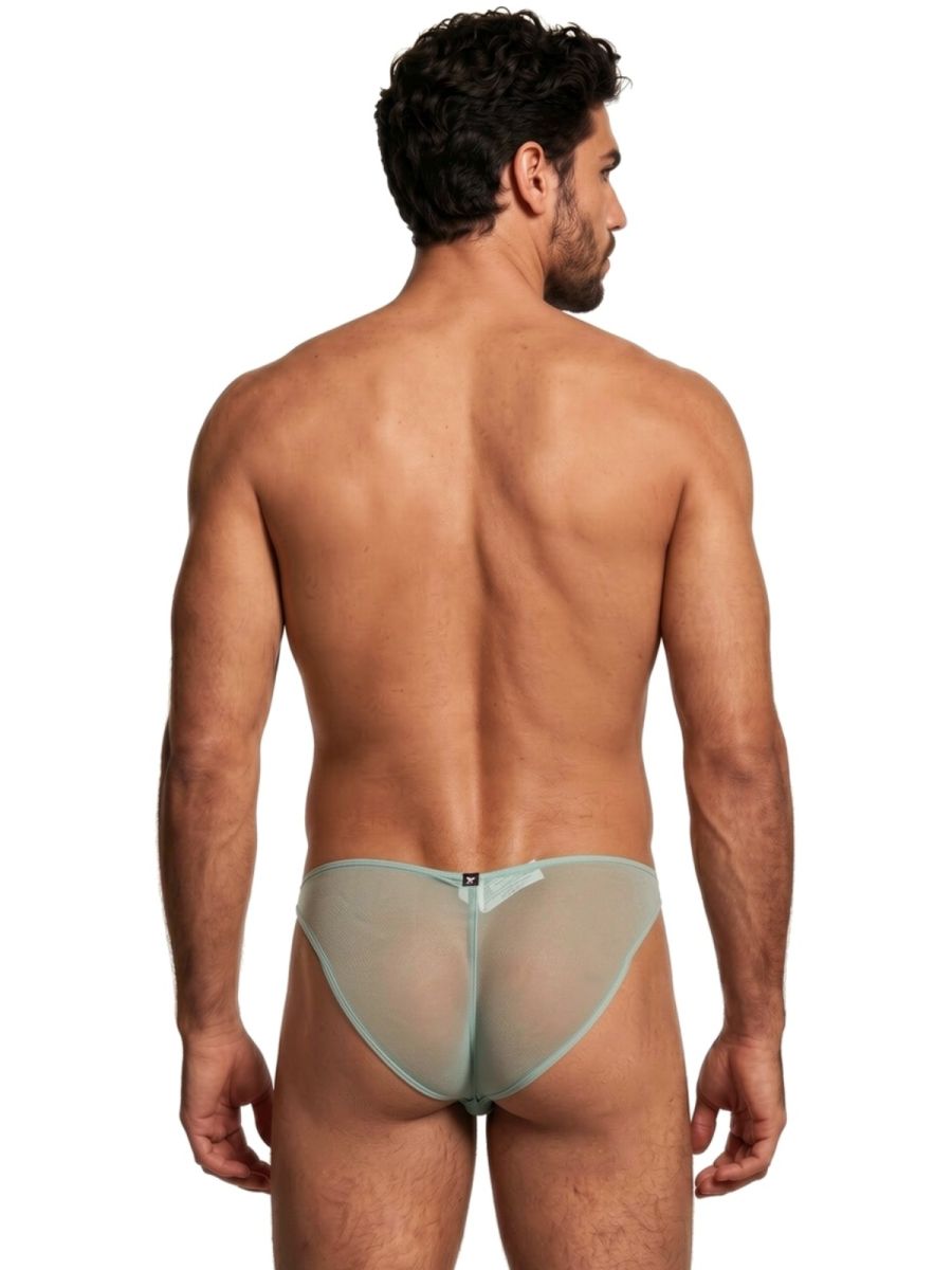 Xtremen sage green sheer bikini brief on a man viewed from behind, showing a thin, translucent fabric fit.
