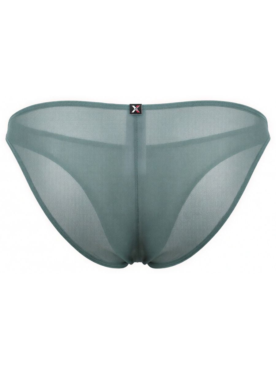 Xtremen sage green sheer bikini briefs with a center back seam and branded logo tab at the waistband.
