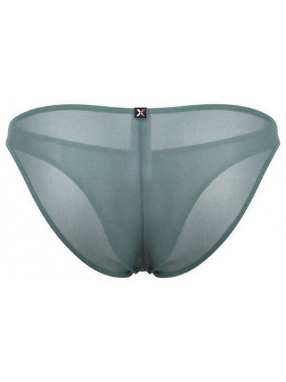 Xtremen sage green sheer bikini briefs with a center back seam and branded logo tab at the waistband.