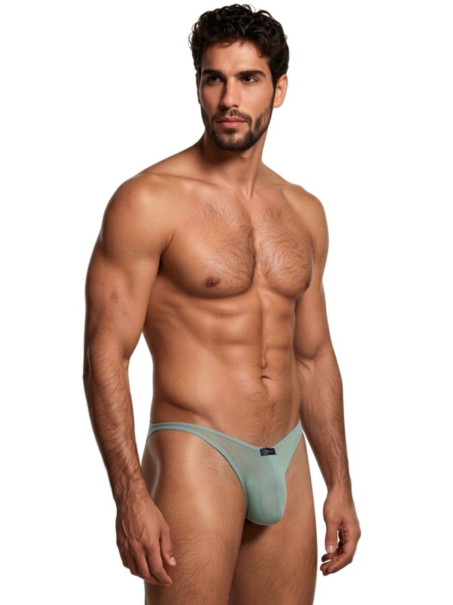 Xtremen men's sheer sage green bikini-style underwear with a minimalist fit and branded center tab.