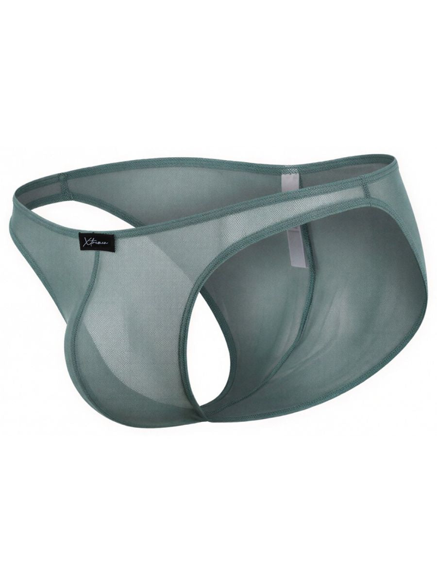 Xtremen sage green sheer mesh bikini brief with a high-cut leg and logo tab.