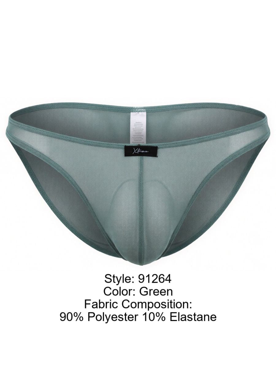 Xtremen green bikini brief in a sheer, lightweight mesh fabric with a contoured pouch and black brand label.