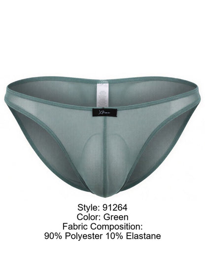 Xtremen green bikini brief in a sheer, lightweight mesh fabric with a contoured pouch and black brand label.