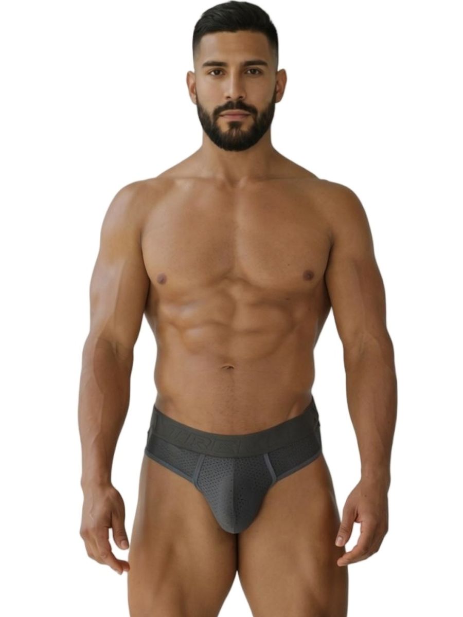 Dark gray xtremen 91268 microfiber mesh athletic briefs with contoured design and perforated detailing on front