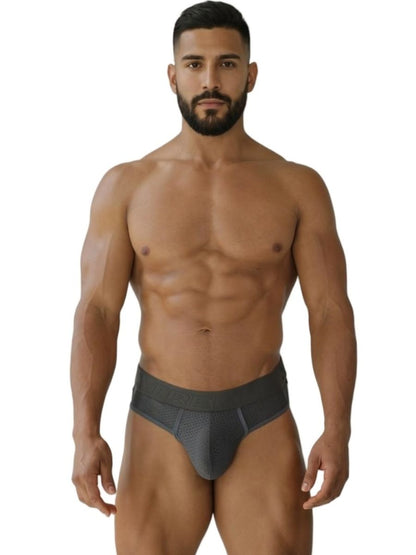 Dark gray xtremen 91268 microfiber mesh athletic briefs with contoured design and perforated detailing on front