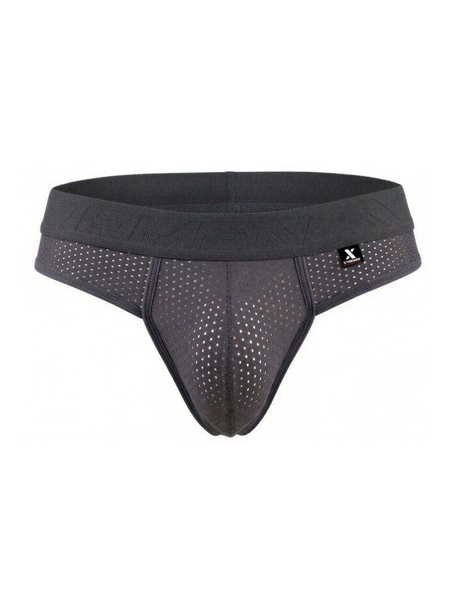 Black mesh athletic briefs with branded logo on waistband made from breathable microfiber mesh in gray color