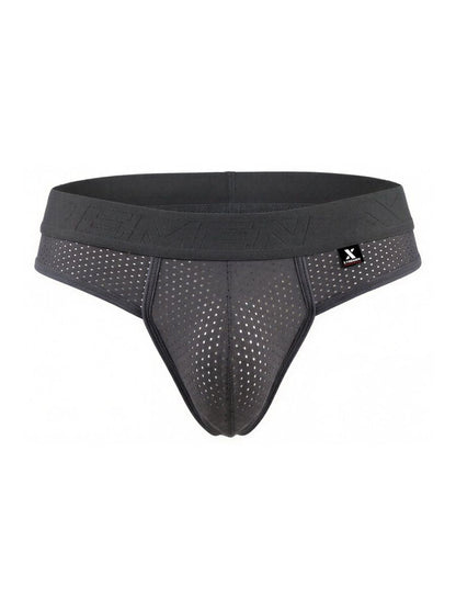 Black mesh athletic briefs with branded logo on waistband made from breathable microfiber mesh in gray color
