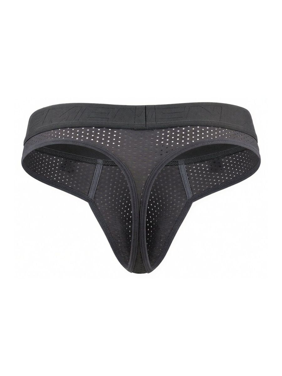 Gray Xtremen 91268 microfiber mesh thong with solid waistband and perforated design front view