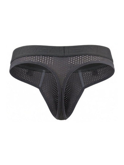 Gray Xtremen 91268 microfiber mesh thong with solid waistband and perforated design front view