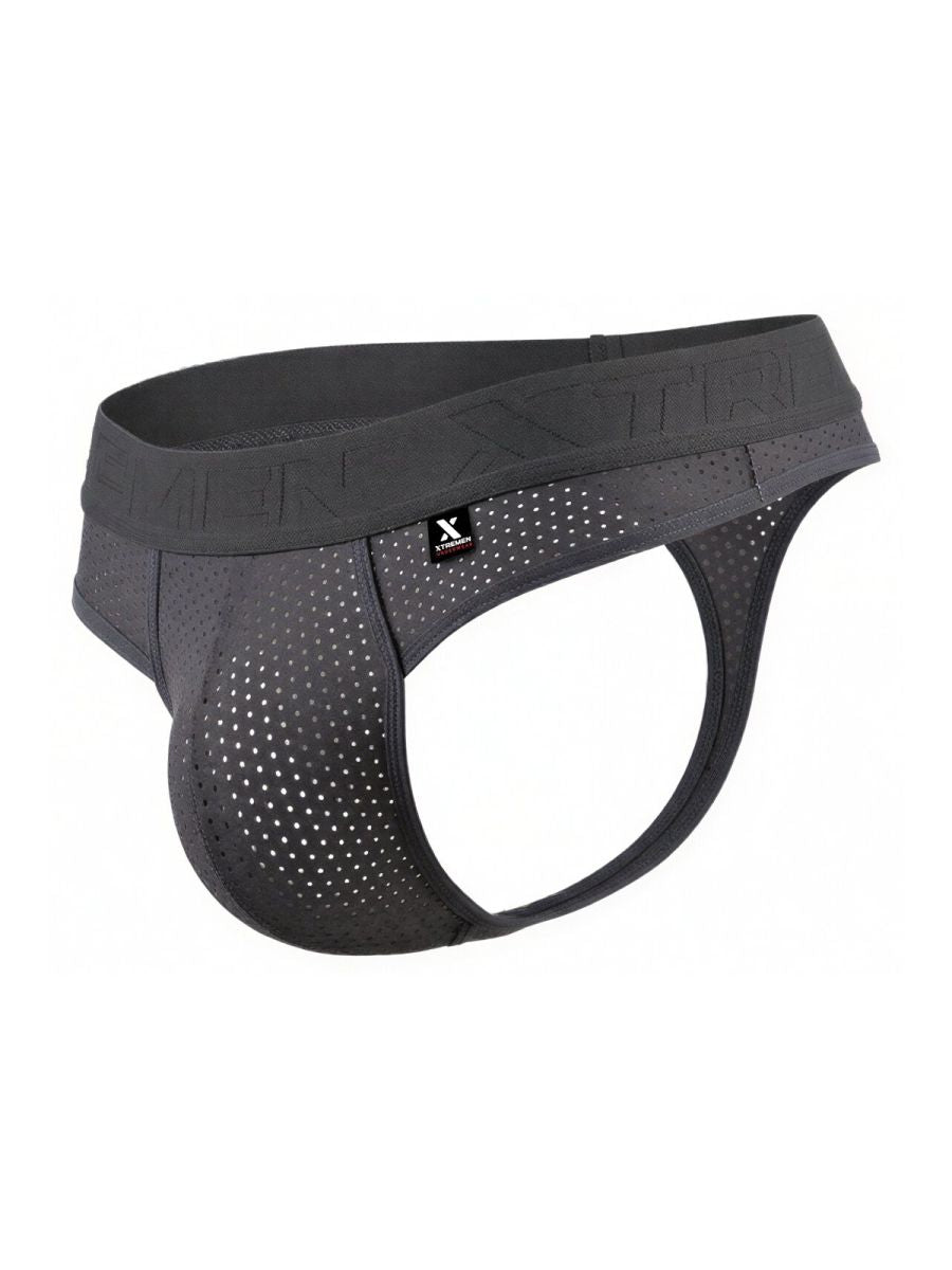 Black perforated men’s briefs with branded waistband made of microfiber mesh in gray for comfortable wear