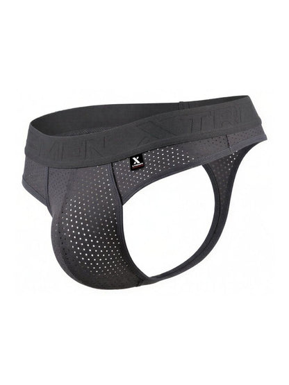 Black perforated men’s briefs with branded waistband made of microfiber mesh in gray for comfortable wear