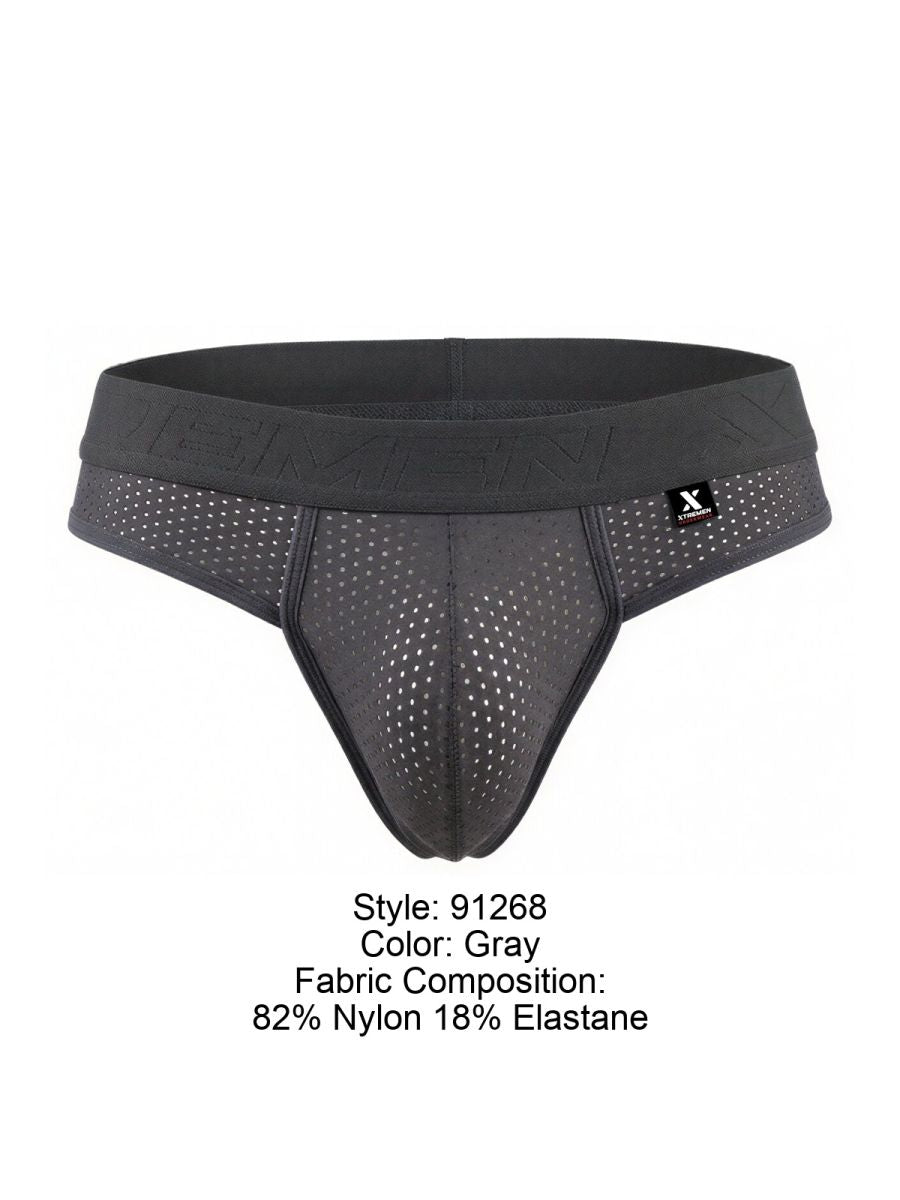 Gray xtremen 91268 microfiber mesh thong briefs with perforated design elastic waistband and x-performance logo