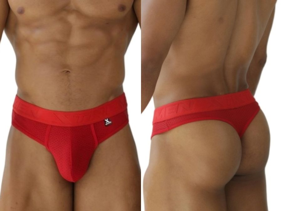 Red xtremen 91268 microfiber mesh thongs with a snug fit and bold red waistband featuring a small black logo