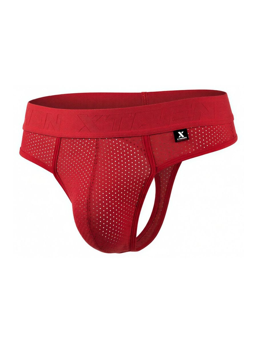 Red microfiber mesh thong with perforated design and xtremen branded logo tag visible on front side