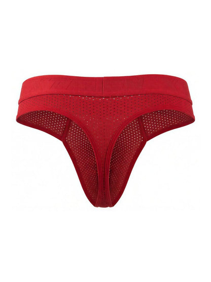 Red xtremen 91268 microfiber mesh thong featuring a solid waistband and perforated fabric for breathable comfort