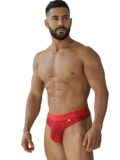 Red xtremen 91268 microfiber mesh thongs with a small logo on the waistband showing the front side