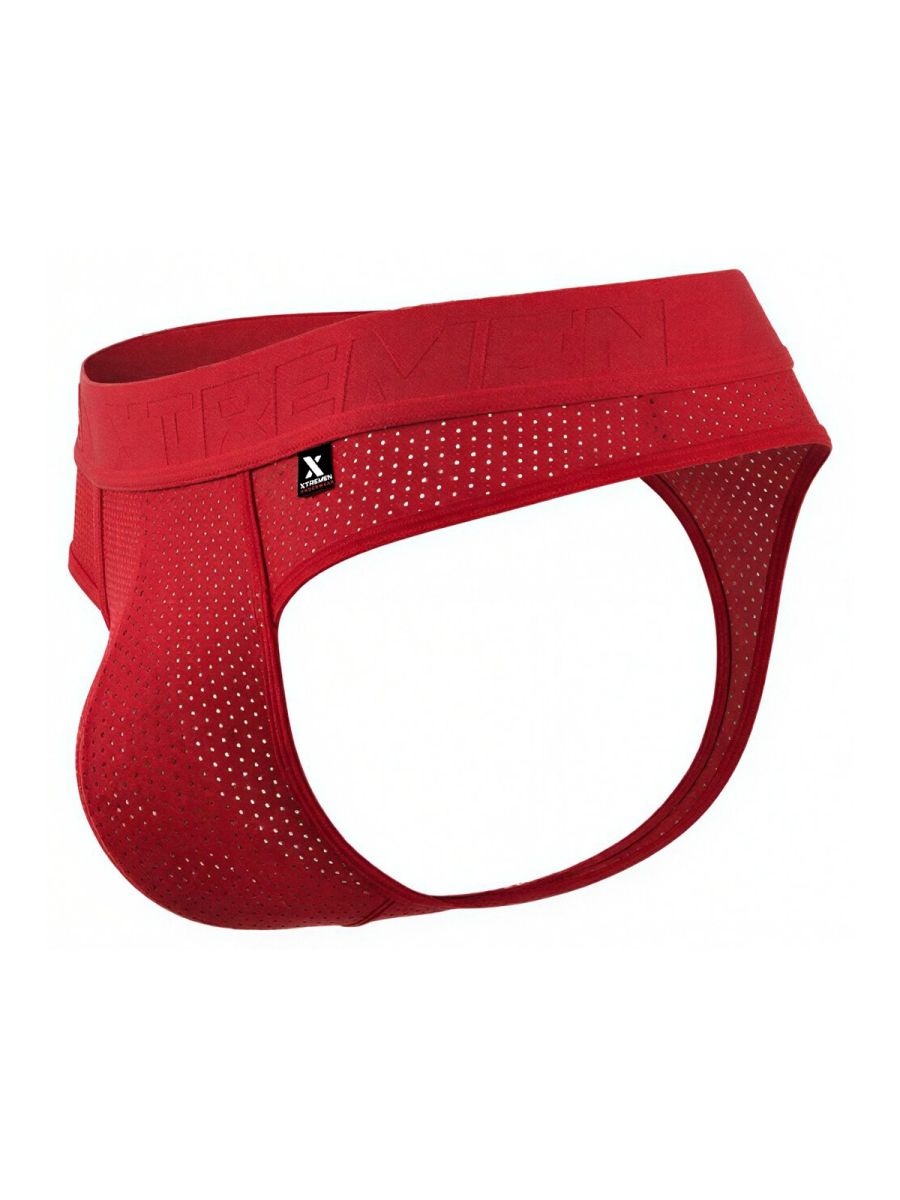 Red xtremen 91268 microfiber mesh thongs with perforated briefs and branded waistband in front view