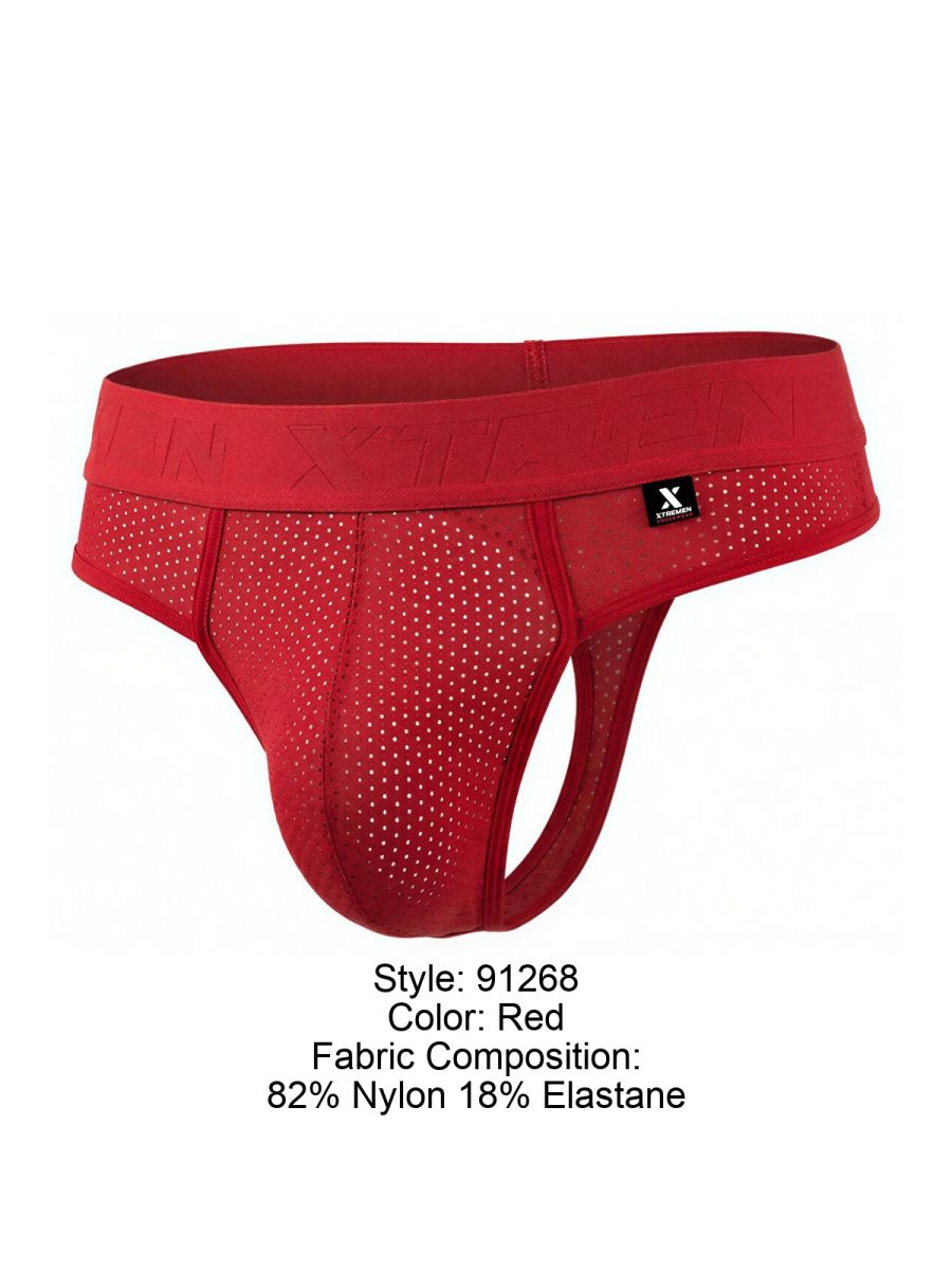 Red xtremen 91268 microfiber mesh thong with perforated design and elastic waistband featuring x brand logo