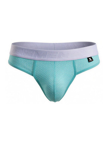 Teal mesh athletic briefs with white elastic waistband featuring x-strong logo in seawater microfiber mesh