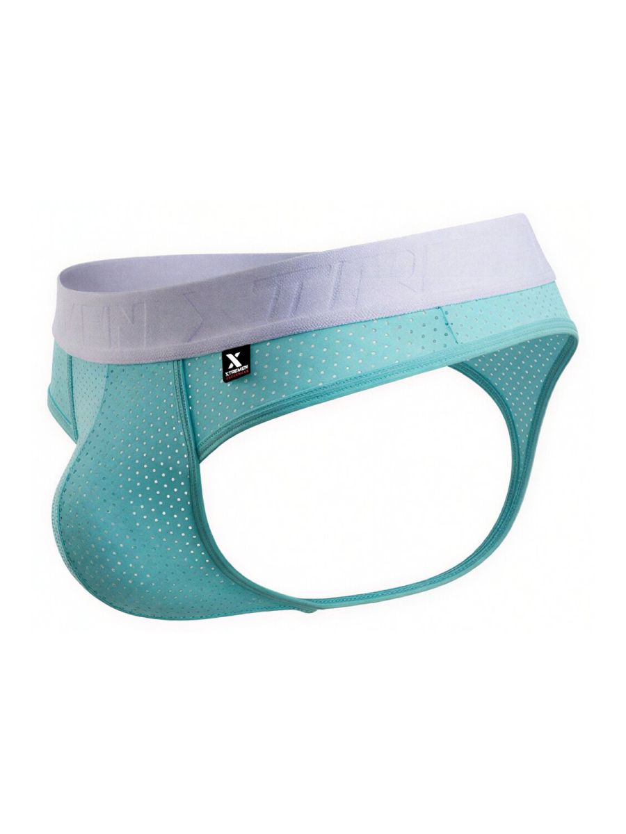 Teal seabwater microfber mesh briefs with white elastic waistband and x logo tag from xtremen 91268 collection