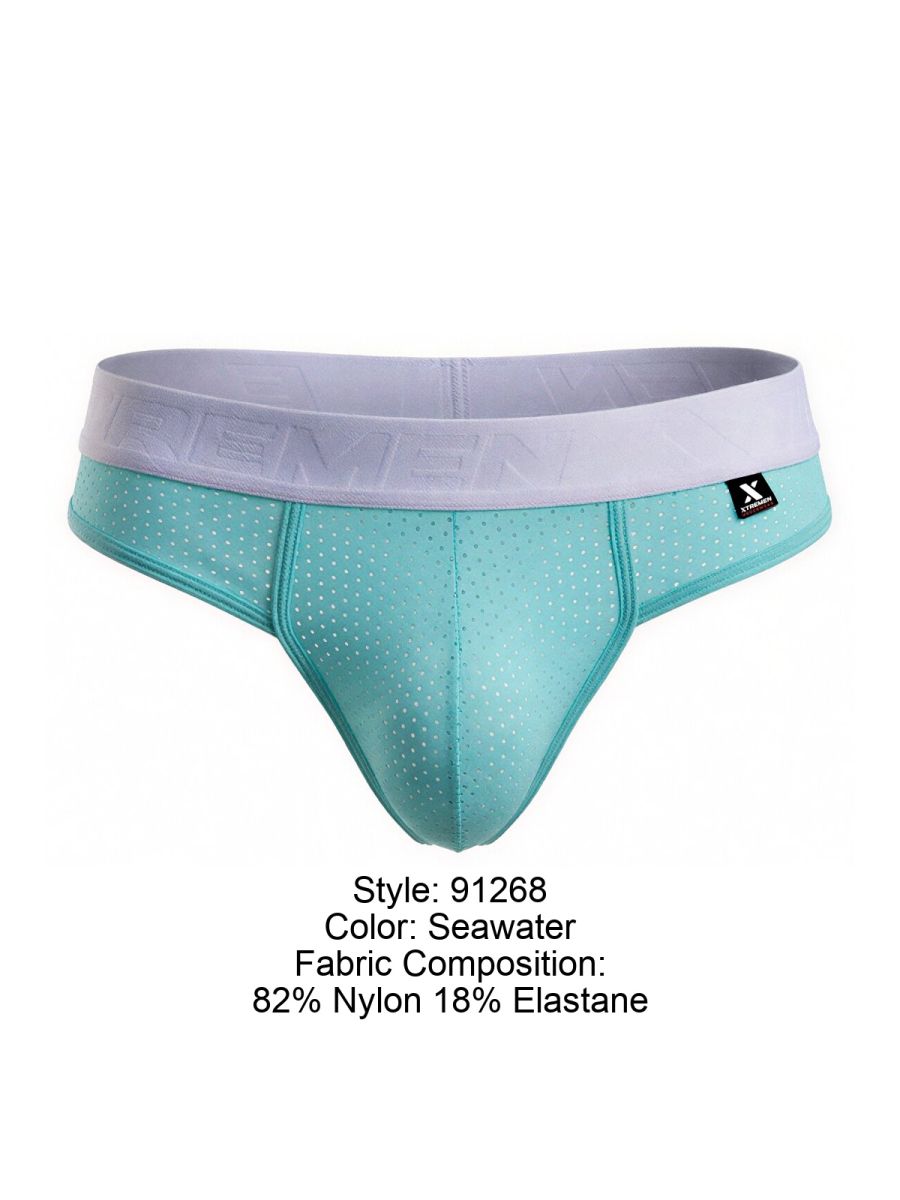 Seawater-colored Xtremen 91268 microfiber mesh briefs with perforated design and remem embossed white waistband