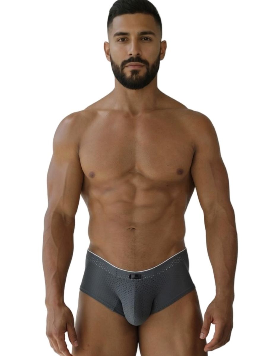 Gray xtremen 91269 microfiber mesh briefs with white trim and subtle perforated texture along the waistband