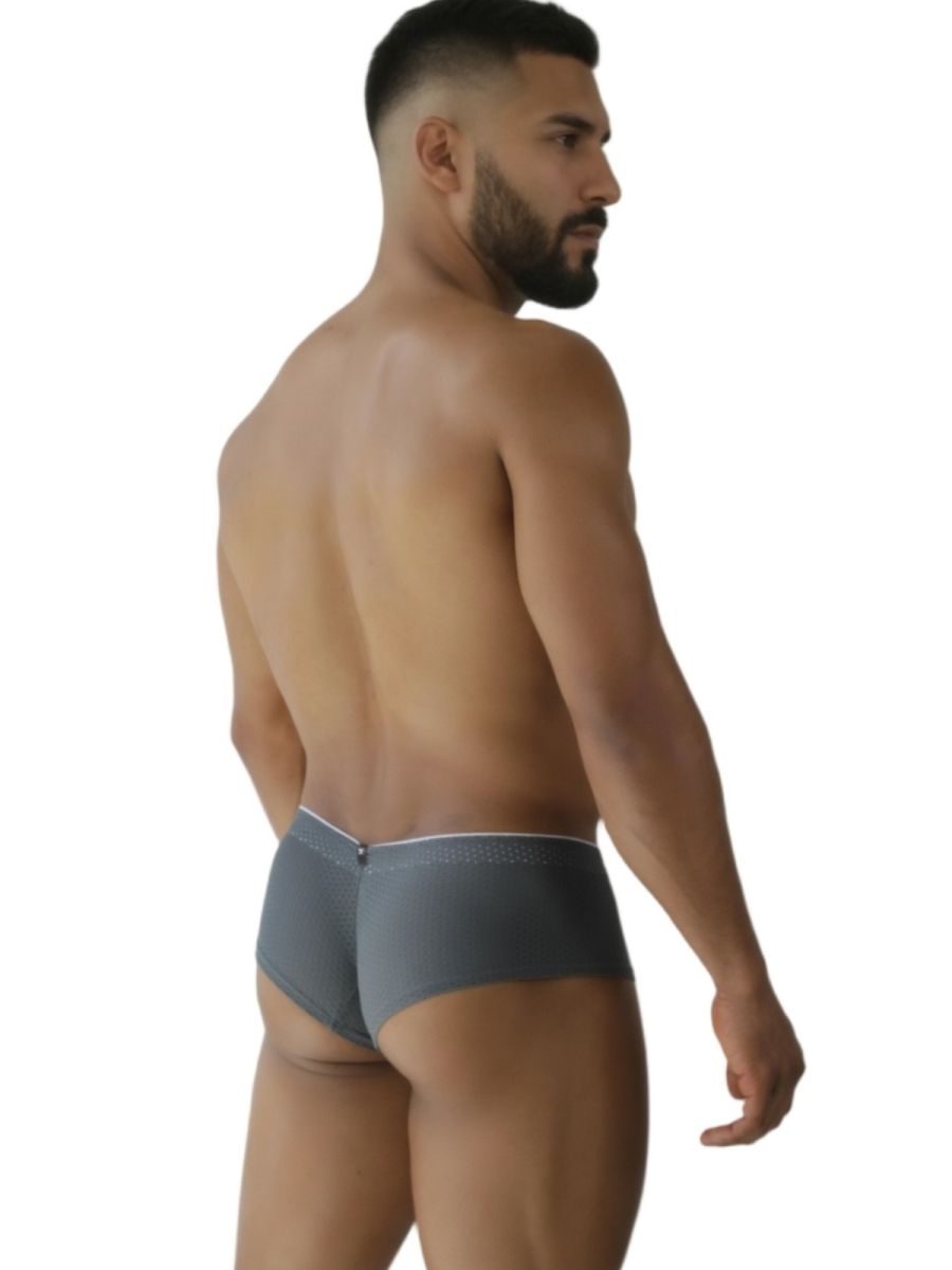 Back side of xtremen 91269 gray microfiber mesh briefs with white trim and zipper for easy access