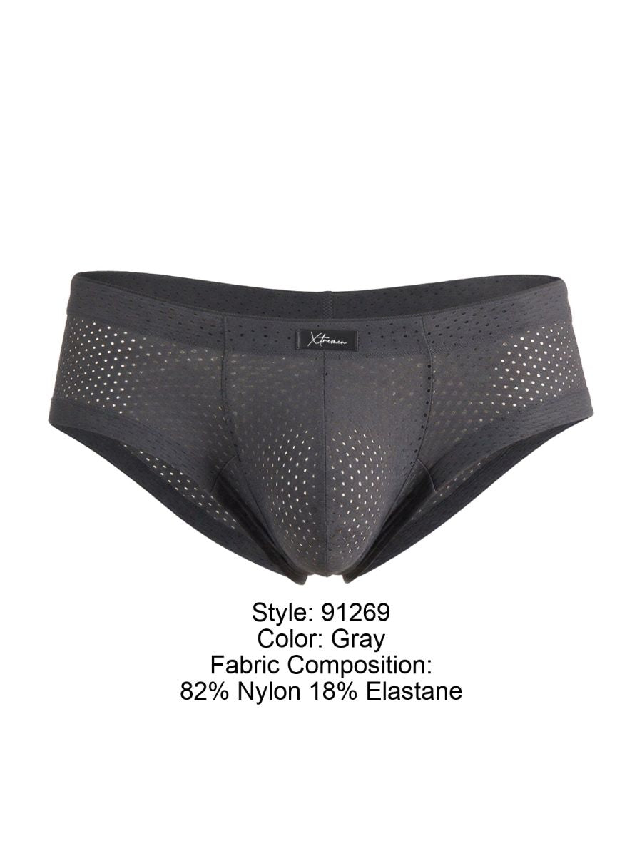 Gray xtremen 91269 microfiber mesh briefs with perforated design black trim made from 82 nylon 18 elastane