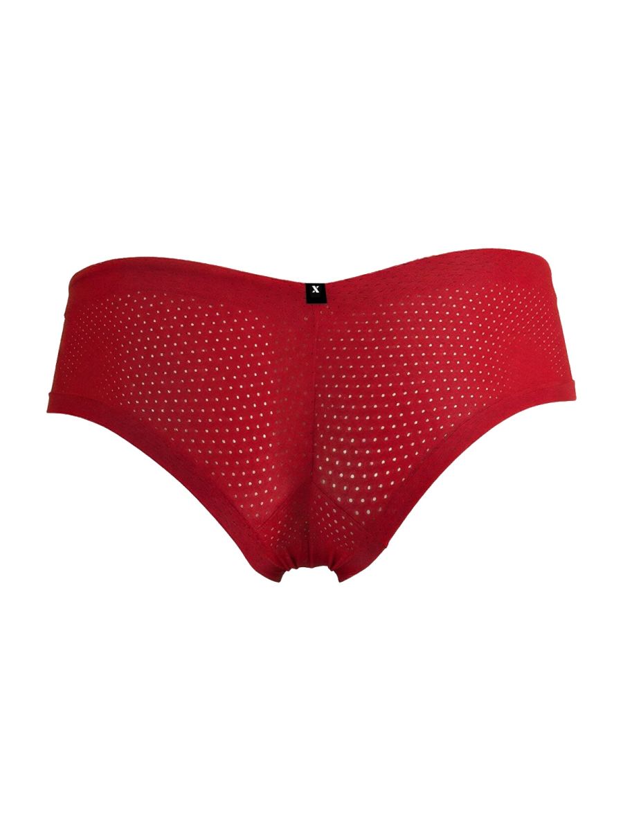 Xtremen 91269 red microfiber mesh briefs with perforated design and black waistband tag in front view