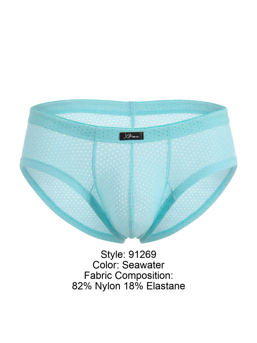 Xtremen 91269 microfiber mesh briefs in seawater color with light blue dot pattern and reinforced elastic waistband