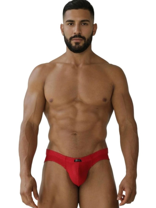 Red xtremen 91270 microfiber mesh briefs with sleek design and small black logo on front form-fitting men’s underwear