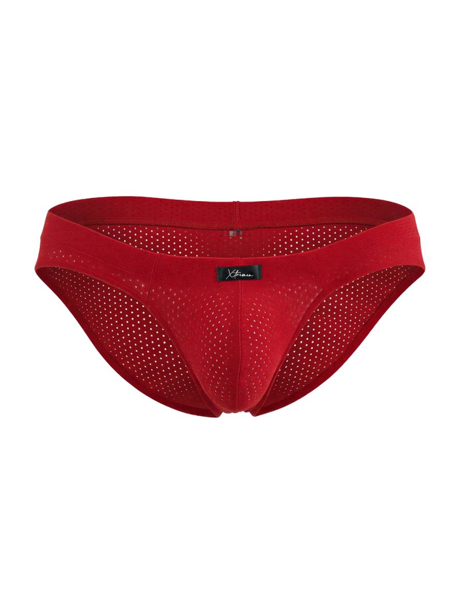 Red xtremen 91270 microfiber mesh brief with perforated design and branded label shown from the back side